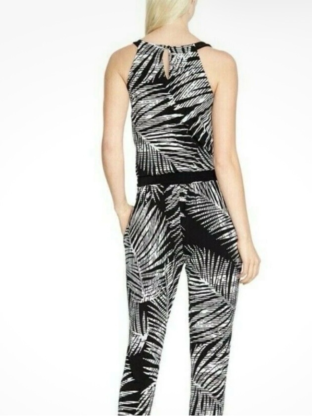 White House Black Market Black/White Palm Printed Jumpsuit - Picture 2 of 7
